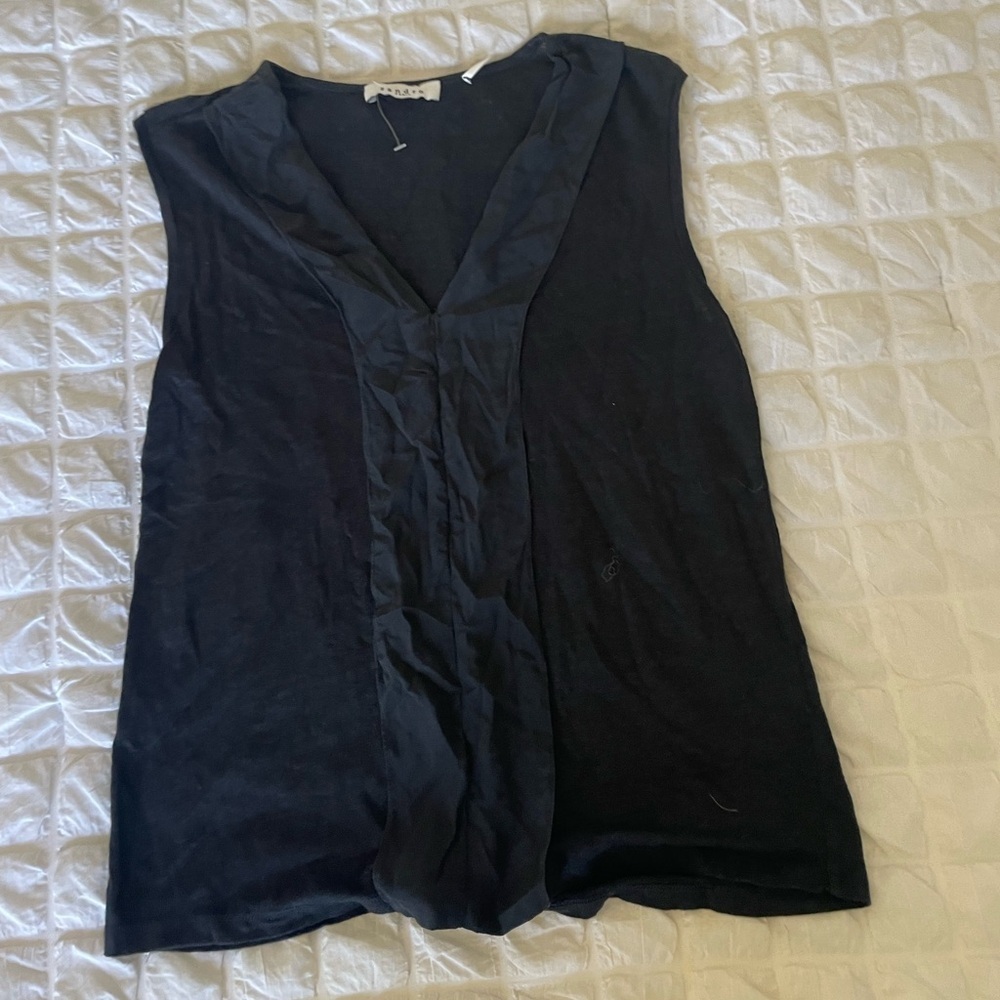 Sandro Black Linen Sleeveless Ruffled Silk Blouse